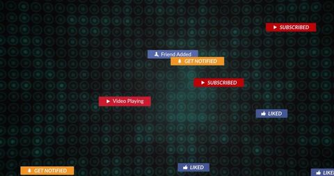 Floating social media notification hud with subscribed liked badges for streaming overlays