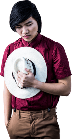 Thoughtful hipster holding straw hat transparent background
