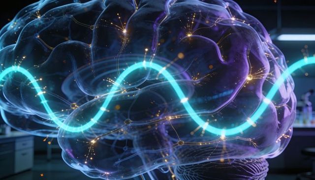 Holographic Translucent Brain Revealing Glowing Neural Network with Cyan Waveform in Laboratory