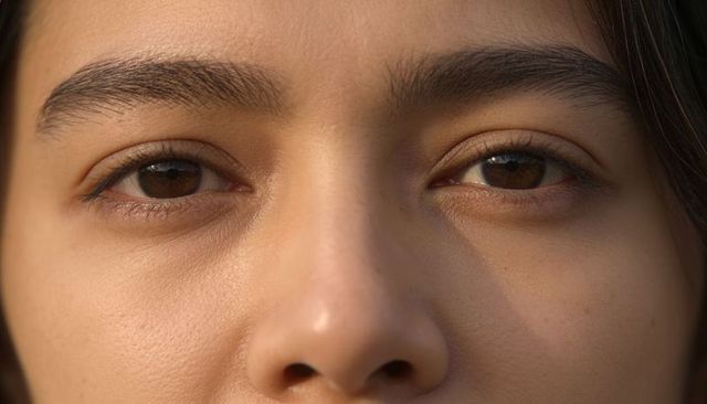 Highlighting natural skin texture and brown eyes in closeup adult female portrait