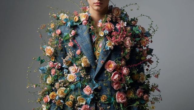 Male model wearing checked blazer blooming with roses and vines couture portrait editorial