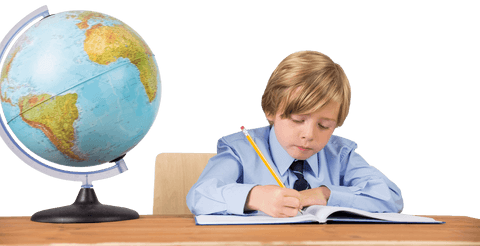 Caucasian schoolboy writing at desk with globe on transparent background