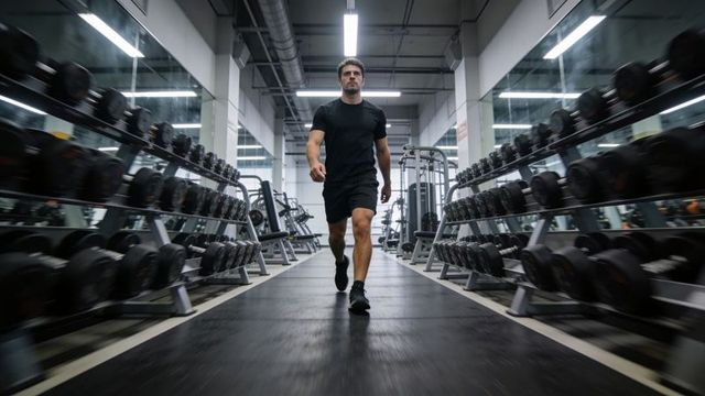 Focused man walking down gym aisle between dumbbell racks and mirrored walls with determined look