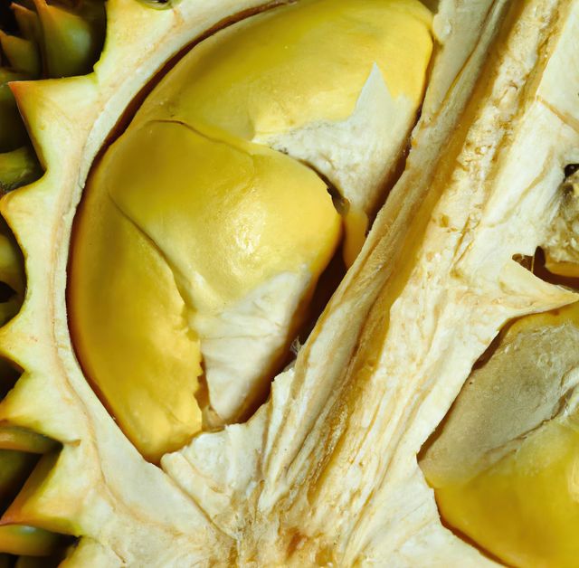 Close-up of fresh ripe durian showcasing its yellow flesh and spiky outer shell. Ideal for use in articles related to exotic and tropical fruits, nutrition, agriculture, and organic foods. Suitable for culinary blogs, health magazines, educational content on unique fruits and their benefits.