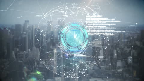 Digital clock animation with data network over cityscape