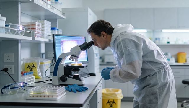 Male Scientist Examining Petri Dish Through Microscope Wearing Full PPE in Modern Lab