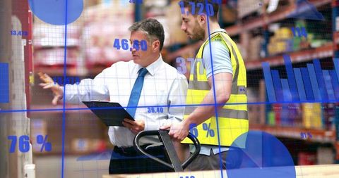 Warehouse Manager Coaching Worker with Pallet Jack, Clipboard and Inventory Analytics