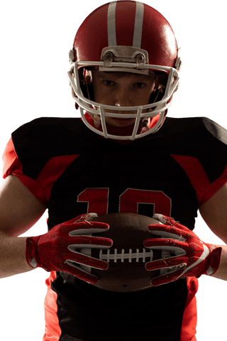 Transparent football player in helmet holding rugby ball