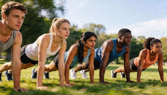 Holding high-plank core workout in park: diverse group training together on grass