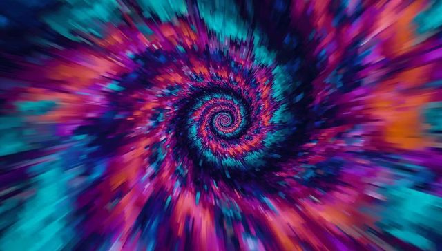 Vibrant spiral pattern with geometric pixelated energy