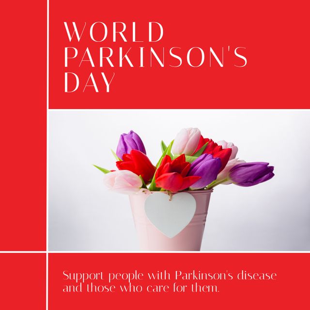 This vibrant image with a bouquet of colorful tulips in a heart-decorated pot is perfect for promoting World Parkinson's Day awareness campaigns. It can be used for social media posts, informational flyers, and websites dedicated to supporting individuals with Parkinson's disease and those who care for them. The red background and simple text make it highly eye-catching and effective for conveying messages of support, love, and compassion.