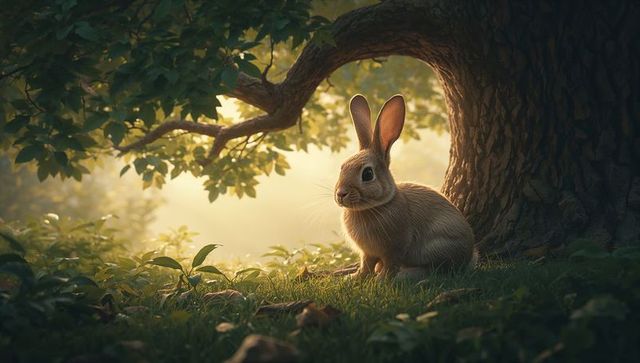 Golden-hour rabbit resting by ancient tree roots in sunlit woodland with soft moss