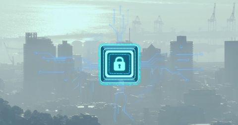 cybersecurity padlock overlay on foggy cityscape - Download Free Stock Images Pikwizard.com