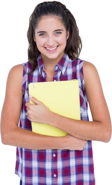 Smiling Brunette Young Woman Holding Yellow Notebook Transparent Background - Download Free Stock Videos Pikwizard.com