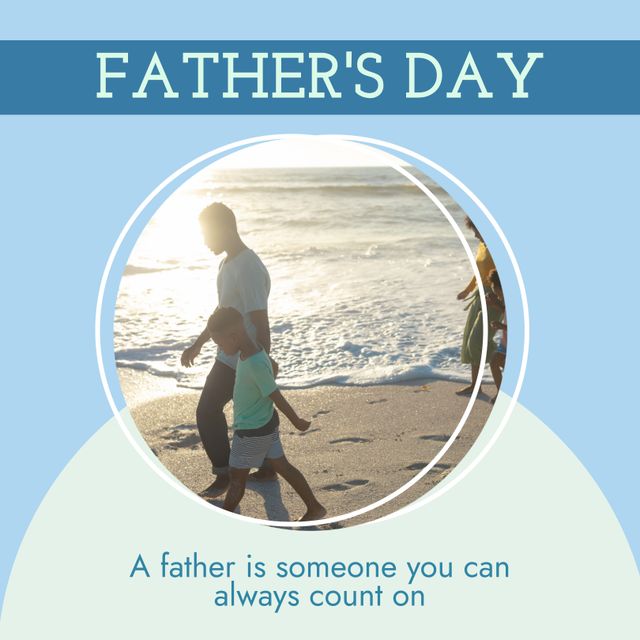 This heartwarming image depicts an African American father and son walking together along the beach at sunset, conveying a sense of bonding and trust. Ideal for use in Father's Day promotions, family-oriented content, greeting cards, and social media posts emphasizing familial relationships and outdoor activities.