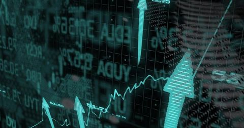 Teal Financial Market Dashboard Showing Upward Trend Arrows and Jagged Line Growth Chart