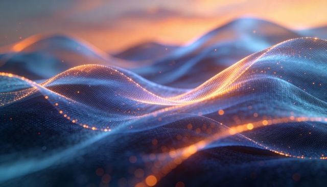 Glowing mesh waves flowing across digital landscape with neon particles, orange-blue ridges