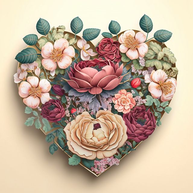 Heart with multiple flowers on yellow background, created using generative ai technology. Valentines day and celebration concept digitally generated image.