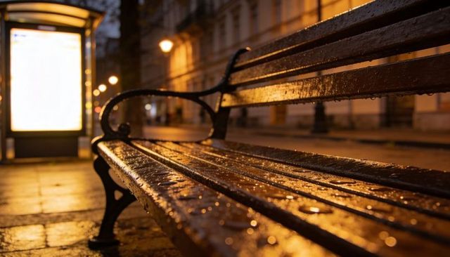 Glistening rain-soaked park bench reflecting warm streetlights on empty urban night