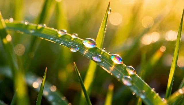 Iridescent dew droplets glimmering on curved grass blade at golden sunrise macro