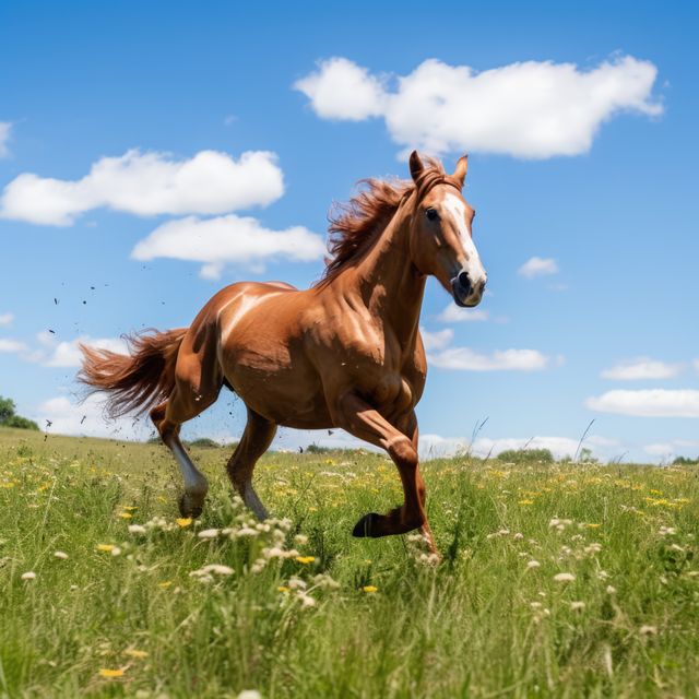 Chestnut horse galloping freely in a sunny, green meadow with bright blue skies and white clouds. Ideal for use in nature-related promotions, veterinary content, equestrian sports events, inspiring posters emphasizing freedom and vitality.