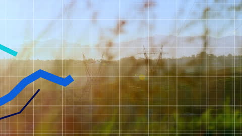 Financial Data Overlay Electric Power Lines Sunset