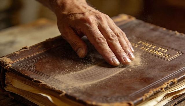 Restorer Brushing Dust from Antique Leather Photo Album with Gilt Lettering