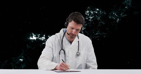 Doctor Writing on Clipboard with Headset on Modern Background