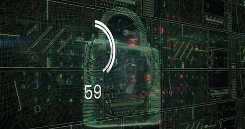 Holographic Padlock Scanning Cybersecurity Dashboard with Neon Wireframe Map Grid