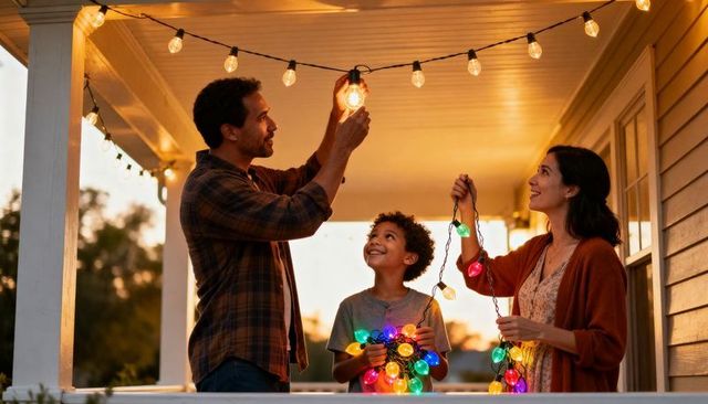 Family installing edison string lights on porch at dusk, warm backyard evening lifestyle