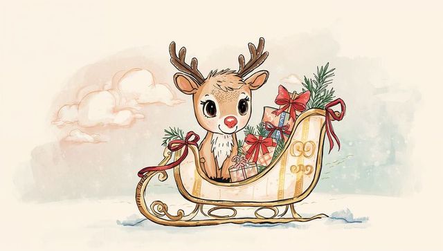 Cute reindeer in ornate golden sleigh with wrapped gifts and pine - watercolor holiday