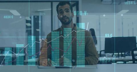 Business Analyst Reviewing Tablet with Turquoise Financial Charts and Holographic Data