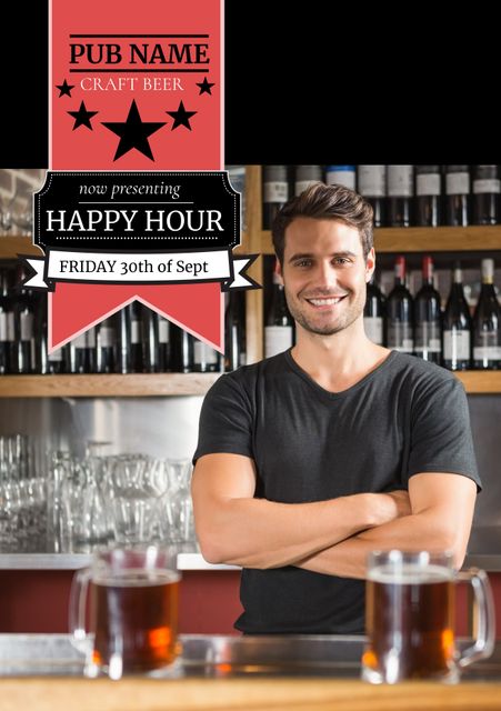 Happy Hour Ad with Bartender Promoting Craft Beer and Friendly Atmosphere - Download Free Stock Templates Pikwizard.com