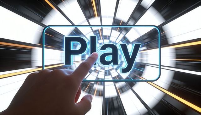 Touching holographic play button over futuristic radial tunnel interface