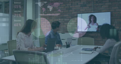 Business Team in Meeting with Financial Data Analytic Overlay