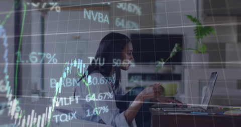The video illustrates a woman focused on analyzing stock market data on her laptop, integrating elements of financial graphs. Useful for representing remote work, online trading, home-based business strategies, and economic analysis. Ideal for articles on personal finance, technology in investments, and remote work environment decorations.