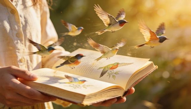Vintage illustrated book releasing watercolor songbirds into golden sunlight meadow