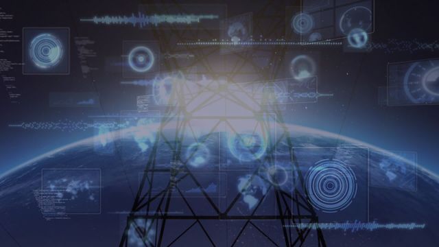 Visual representing futuristic technology, with a transmission tower and digital elements like circles, radar, and soundwaves against a global backdrop. Ideal for tech-focused presentations, articles on communication technology, or illustrations on global connectivity and high-tech advancements.