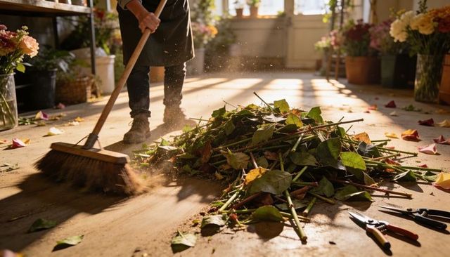 Florist sweeping workshop floor gathering rose stems into pile in sunlit flower studio