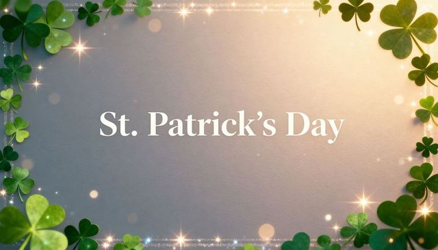 St. Patrick's day greeting card featuring shamrock border, glitter bokeh and elegant serif text