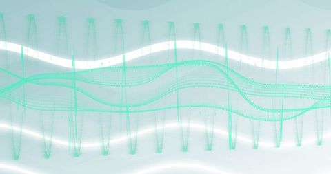 Flowing Teal Waveform Network Visualizing Data Across Cyan Gradient with Dotted Pillars