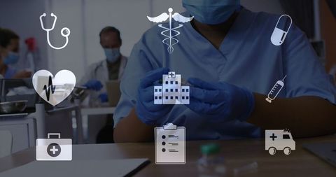 Nurse holding medication in hospital room with medical icons overlay