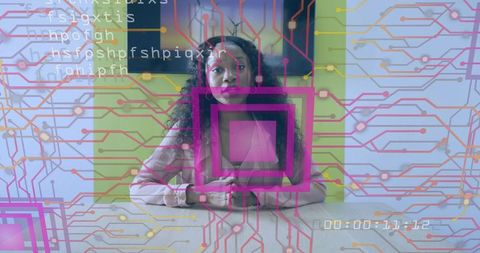 Businesswoman in tech circuit-themed office environment