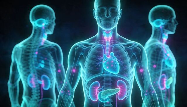 Translucent human torso showing heart, lungs, kidneys, pancreas and spine in neon cyan