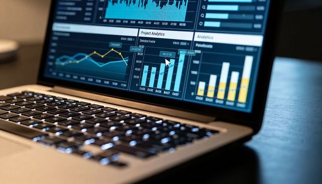 Displaying analytics dashboard on silver laptop with backlit keyboard and wood desk