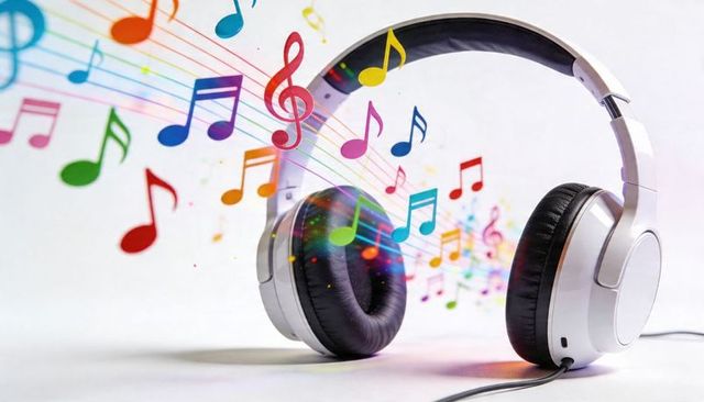 White over-ear headphones emitting colorful musical notes and rainbow sound waves