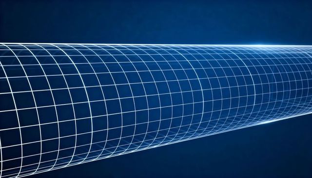 Glowing wireframe cylinder stretching across deep blue gradient for futuristic design