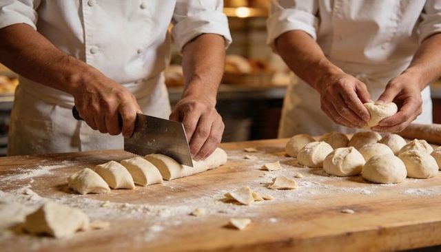 Bakery Chefs Cutting Dough and Shaping Rolls on Wooden Bench with Flour Dust
