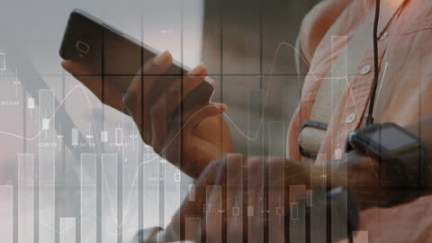 Businessman Analyzing Financial Data on Smartphone with Graph Overlay