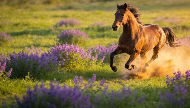 Galloping bay horse kicking up dust through sunlit meadow of purple wildflowers